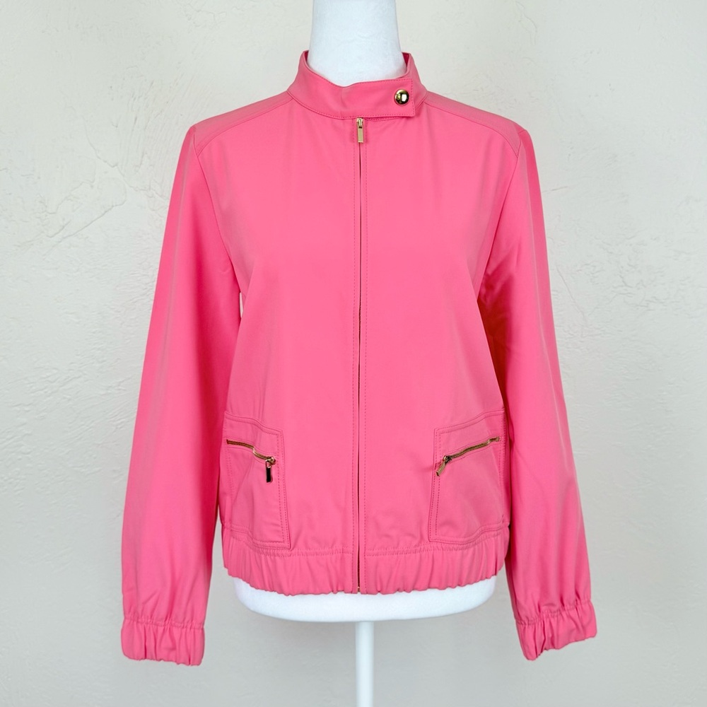 St. John Flamingo Pink Zip Front Jacket Gold Tone Hardware Yellow Label XS